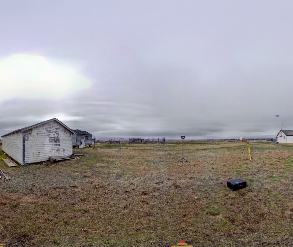 Panoramic view of the exterior of the Blubber House from scanning location 1