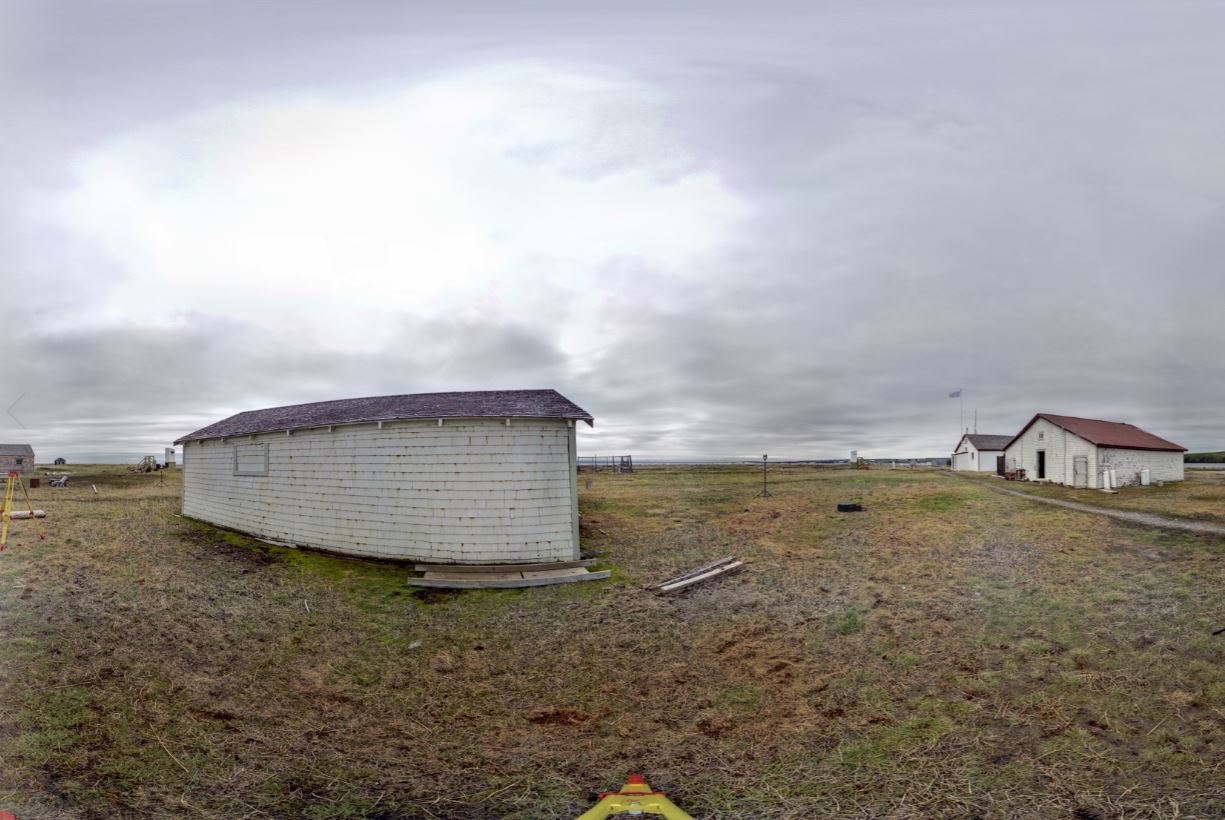 Panoramic view of the exterior of the Blubber House from scanning location 10