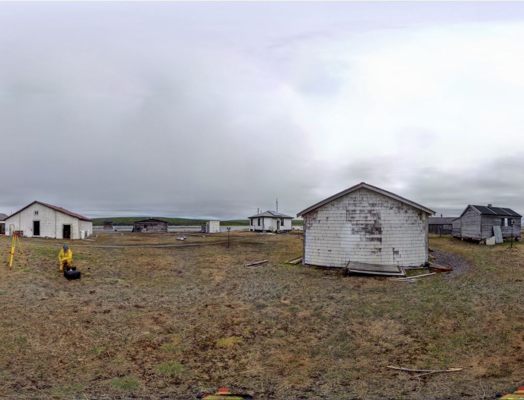 Panoramic view of the exterior of the Blubber House from scanning location 2