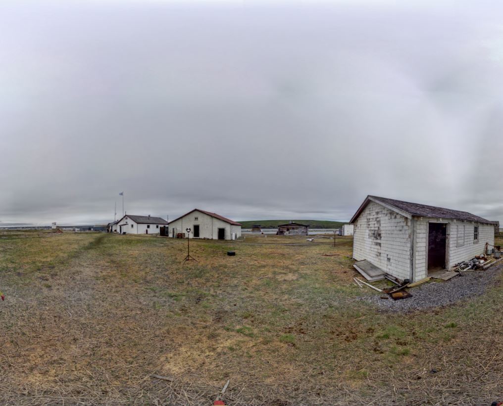 Panoramic view of the exterior of the Blubber House from scanning location 3
