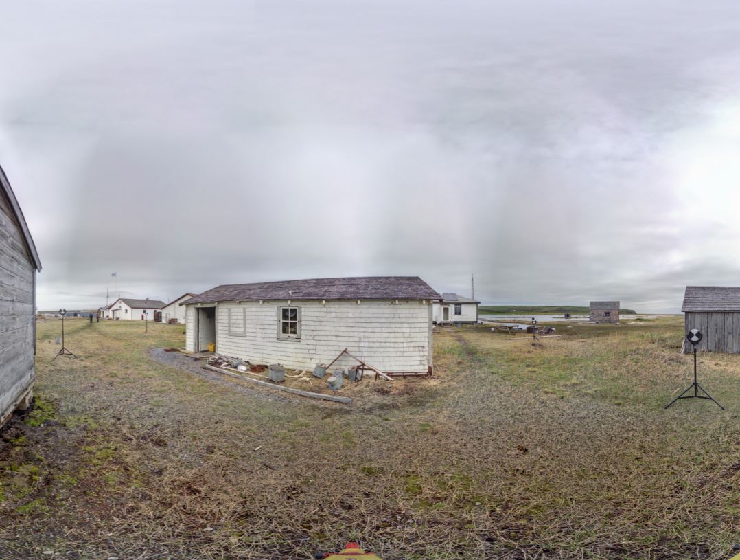 Panoramic view of the exterior of the Blubber House from scanning location 5