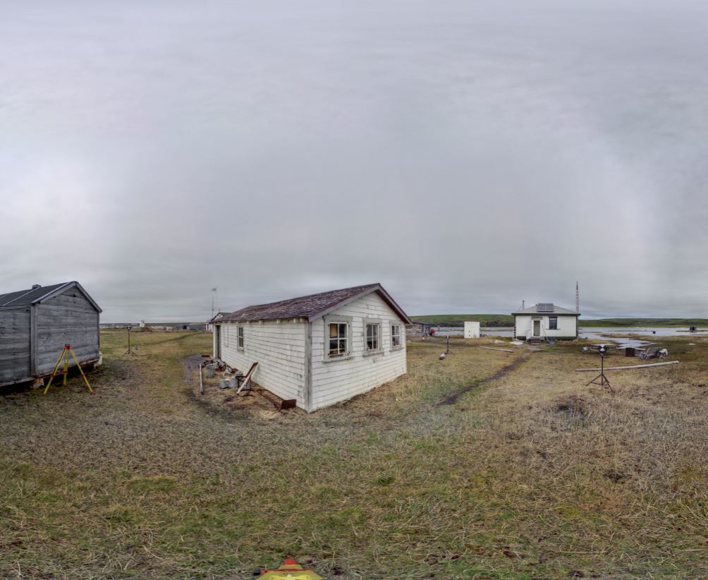 Panoramic view of the exterior of the Blubber House from scanning location 6