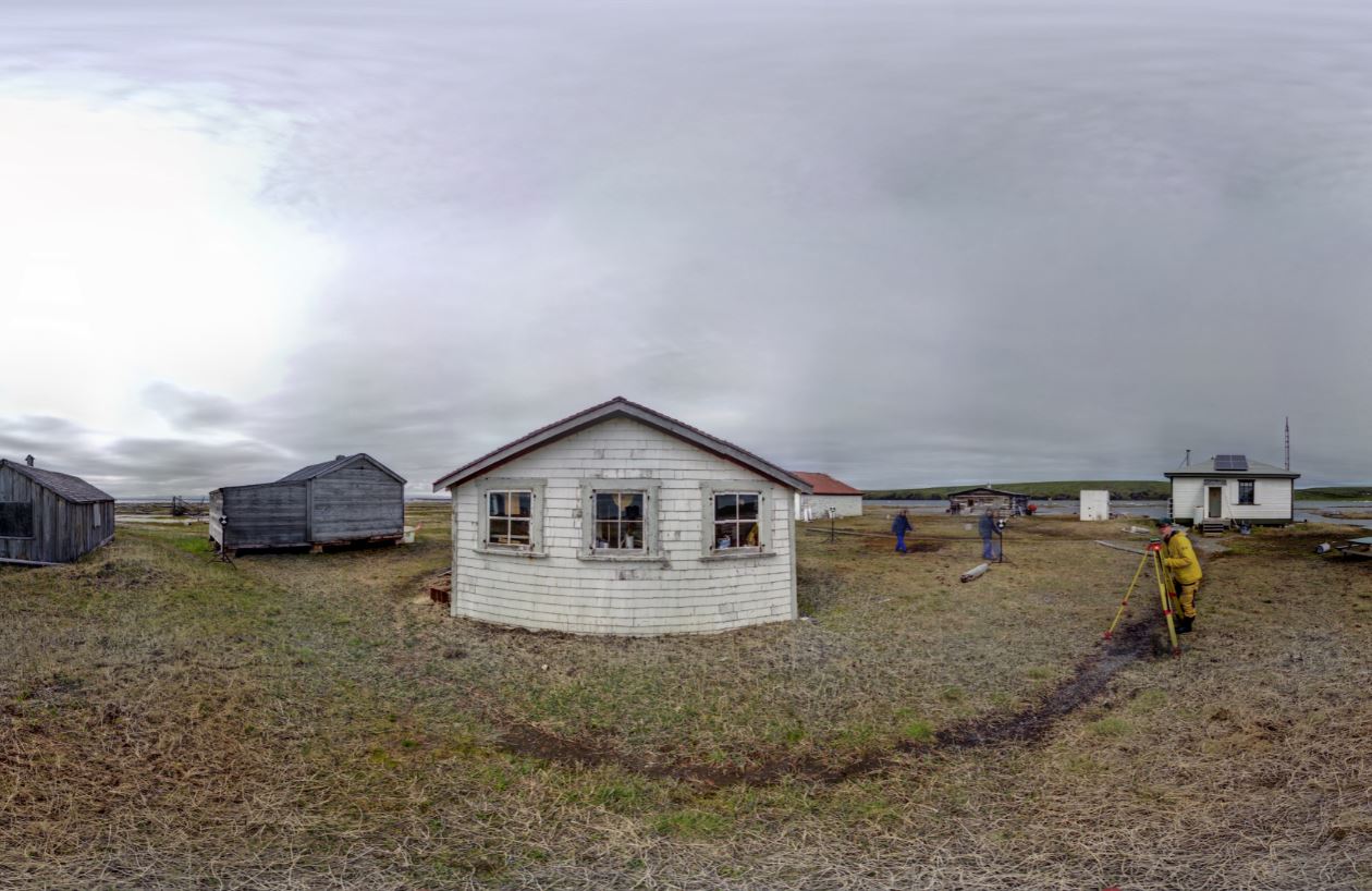 Panoramic view of the exterior of the Blubber House from scanning location 7
