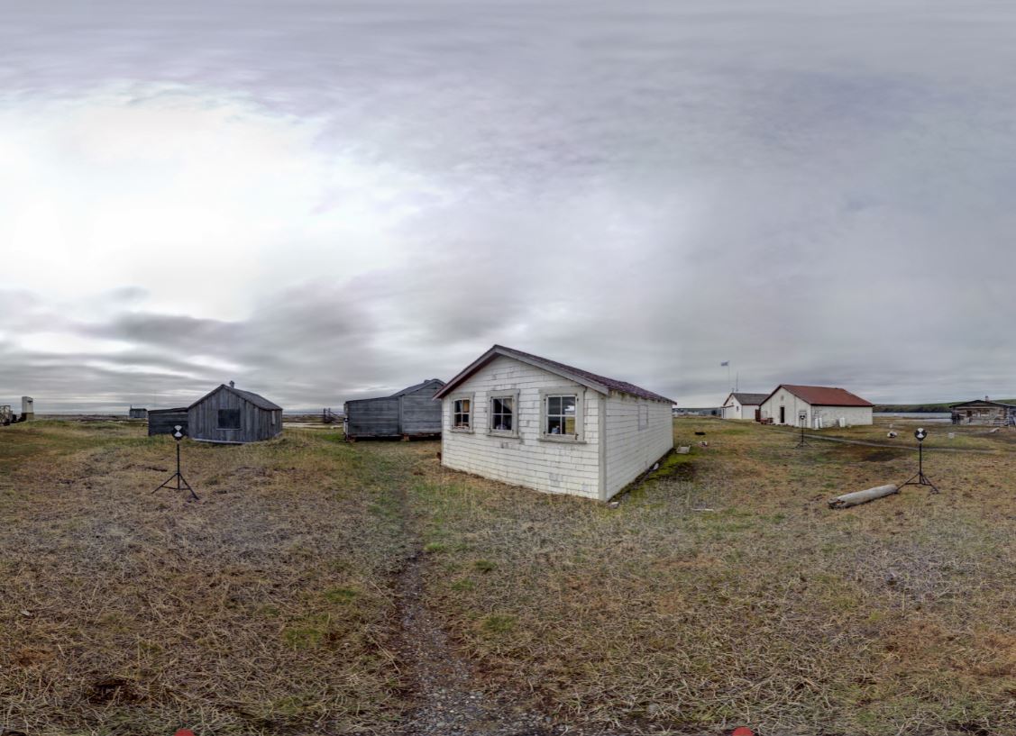 Panoramic view of the exterior of the Blubber House from scanning location 8