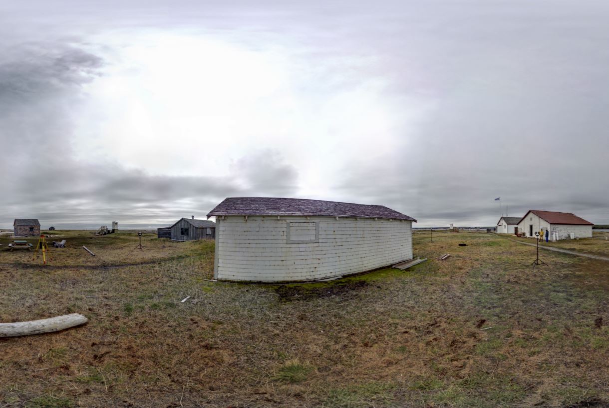 Panoramic view of the exterior of the Blubber House from scanning location 9