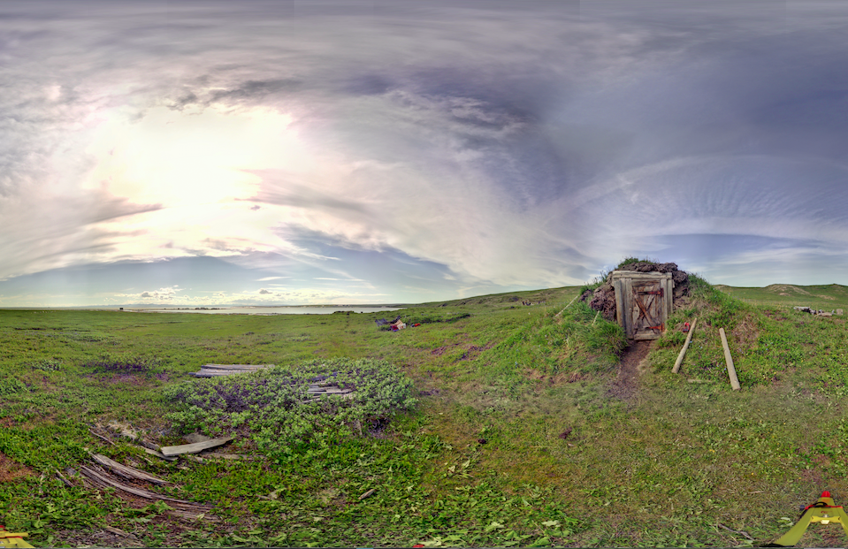 Panoramic view of scanning location 6 of the exterior of the Ice House on Herschel Island