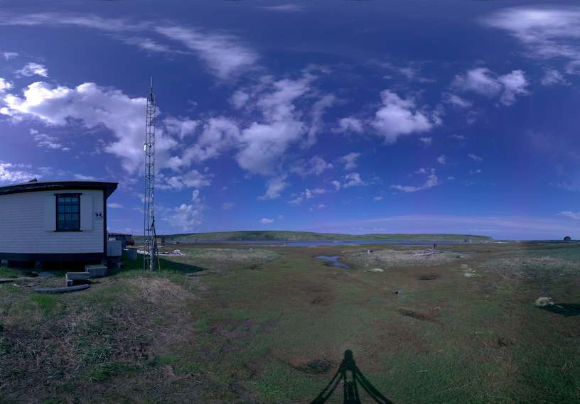 Panoramic view of the exterior of the RCCS Transmitter Station Building from scanning location 9