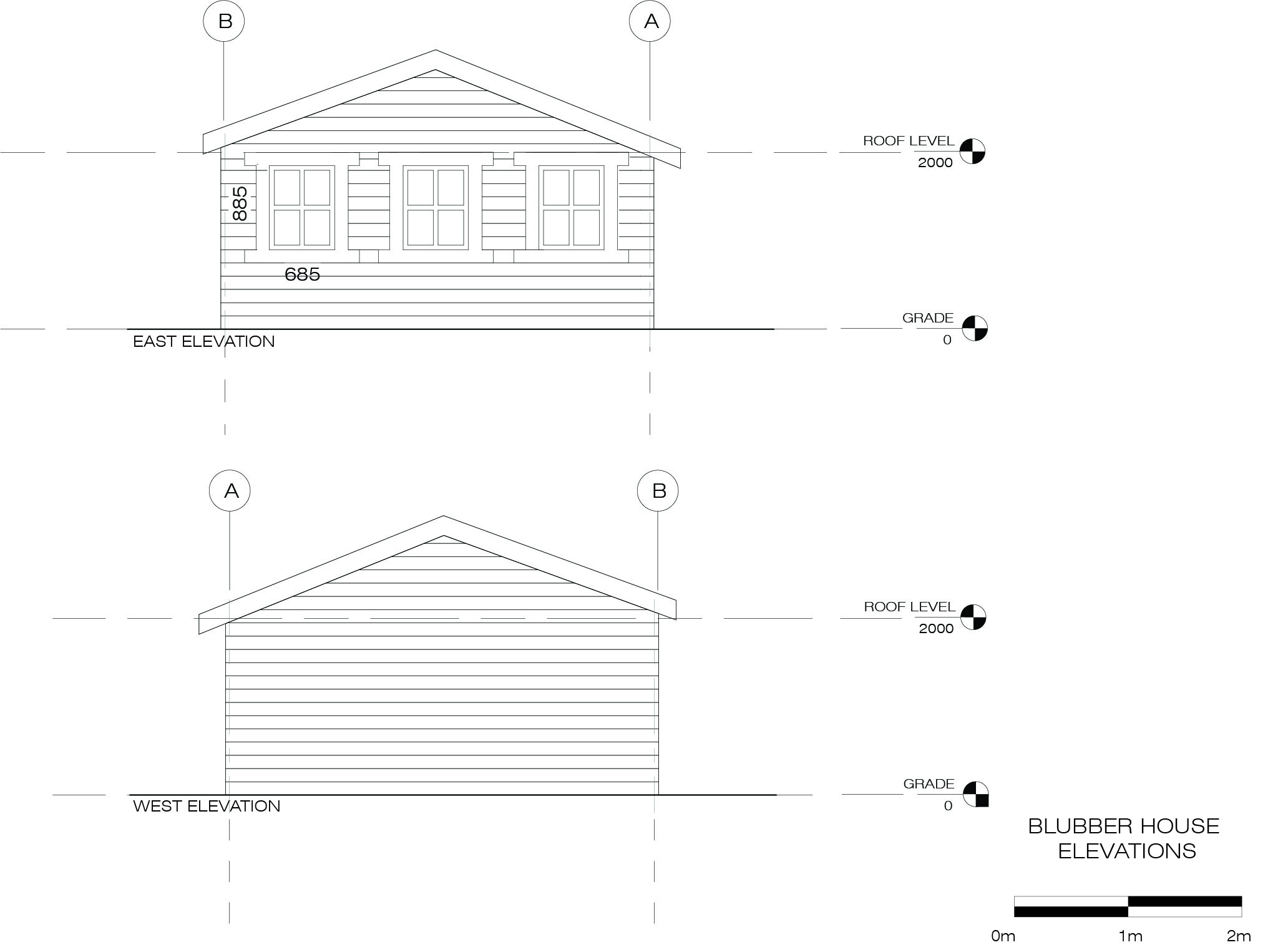 East and West elevations of the blubber house, created in Revit based off of the documentation done by the terrestrial laser scanning.