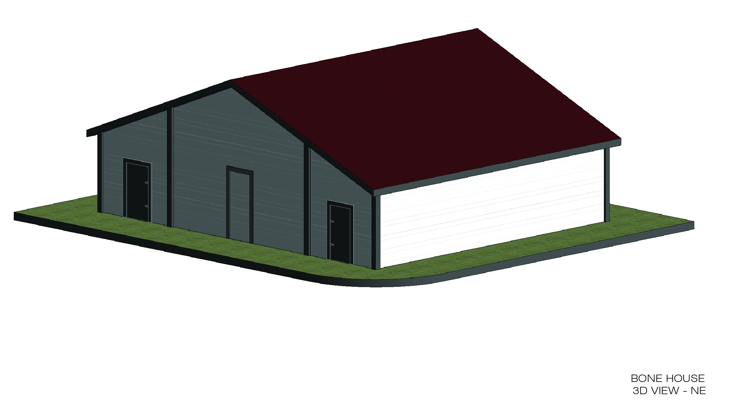 Northeast view of 3D model created in Revit from the laser scanning data collected of the Bonehouse.