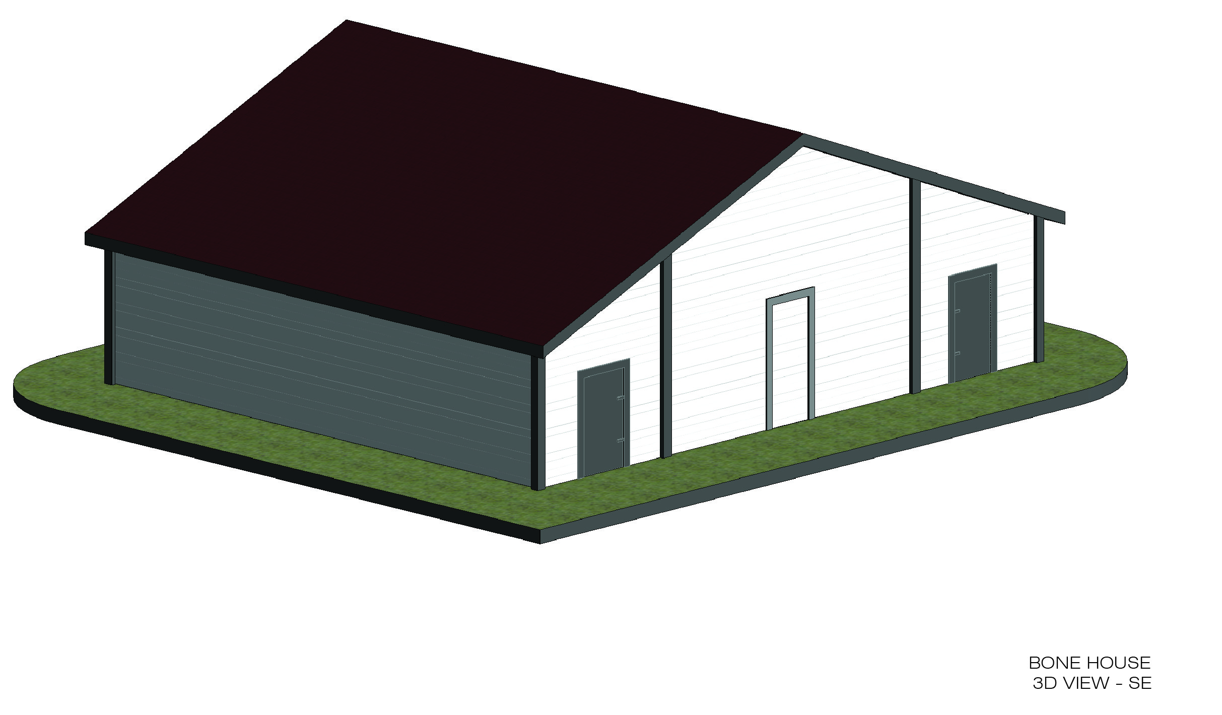 Southeast view of 3D model created in Revit from the laser scanning data collected of the Bonehouse.