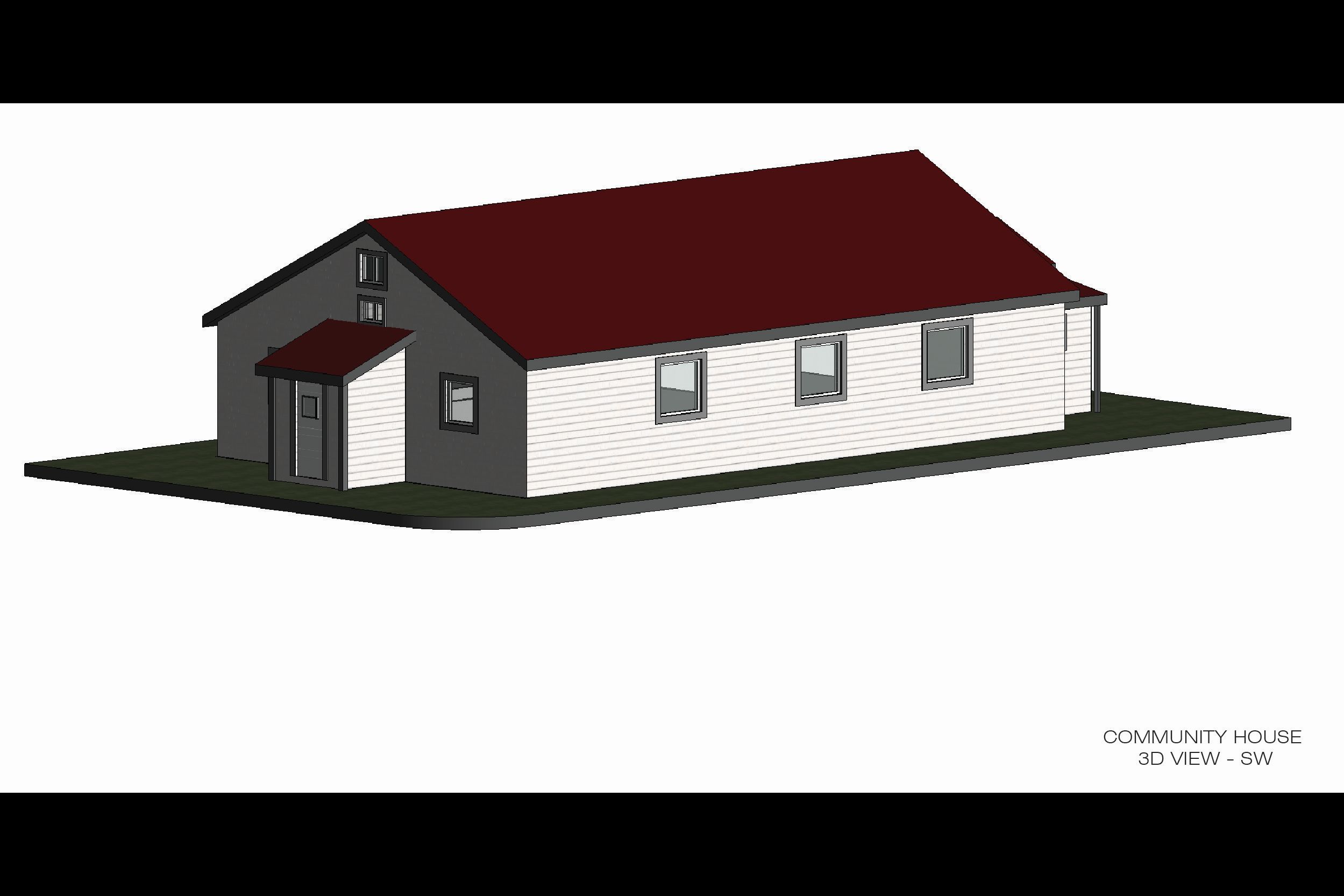 3D view of the virtual reconstruction of the community house, created in Revit based off of the documentation done by the terrestrial laser scanning.