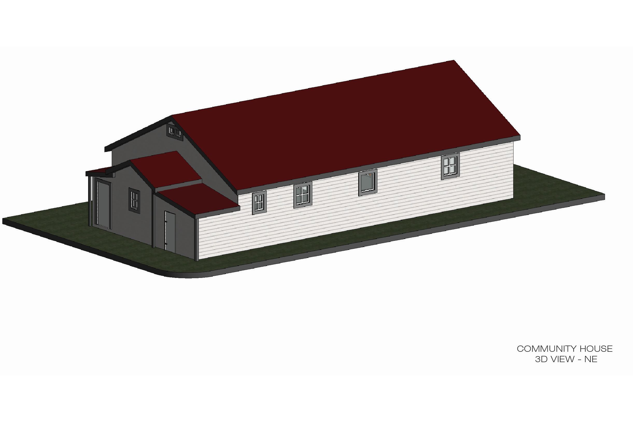 Northeast view of 3D model created in Revit from the laser scanning data collected of the community house.