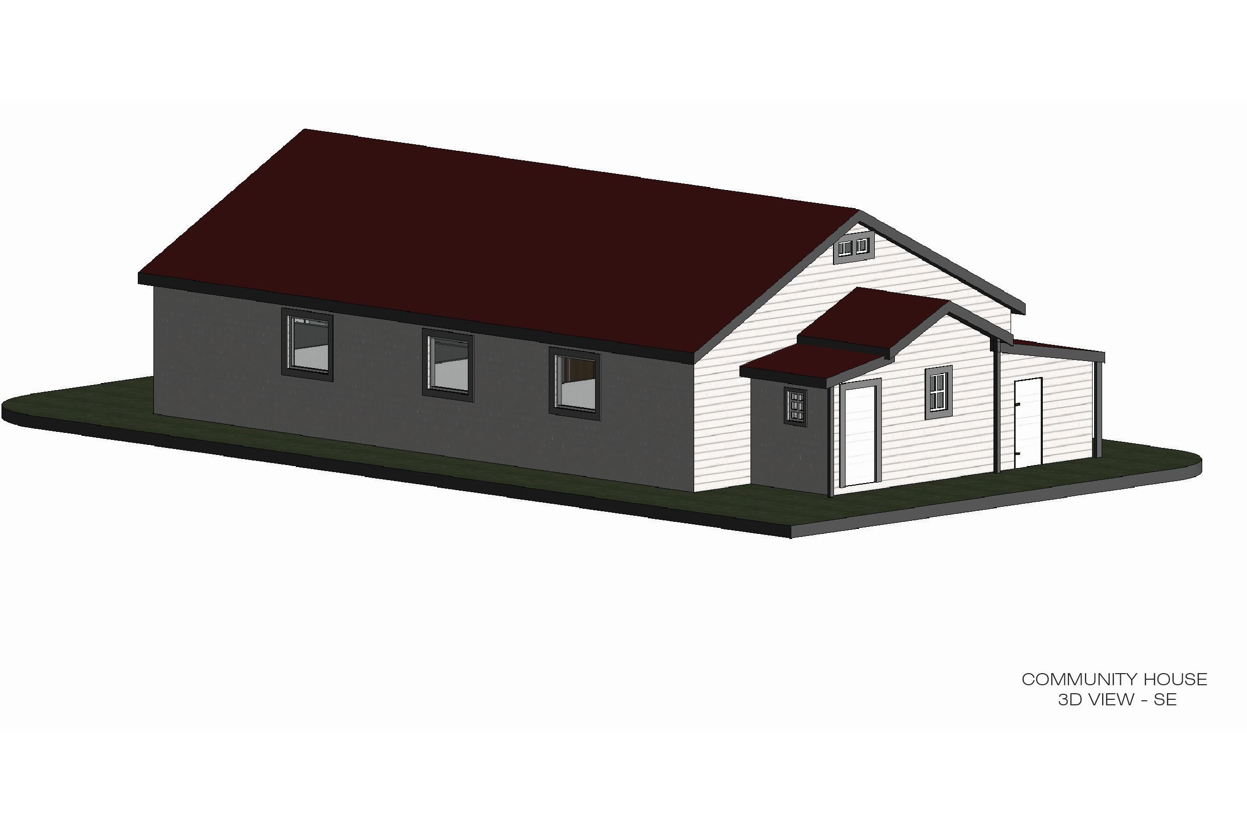 Southeast view of 3D model created in Revit from the laser scanning data collected of the community house.