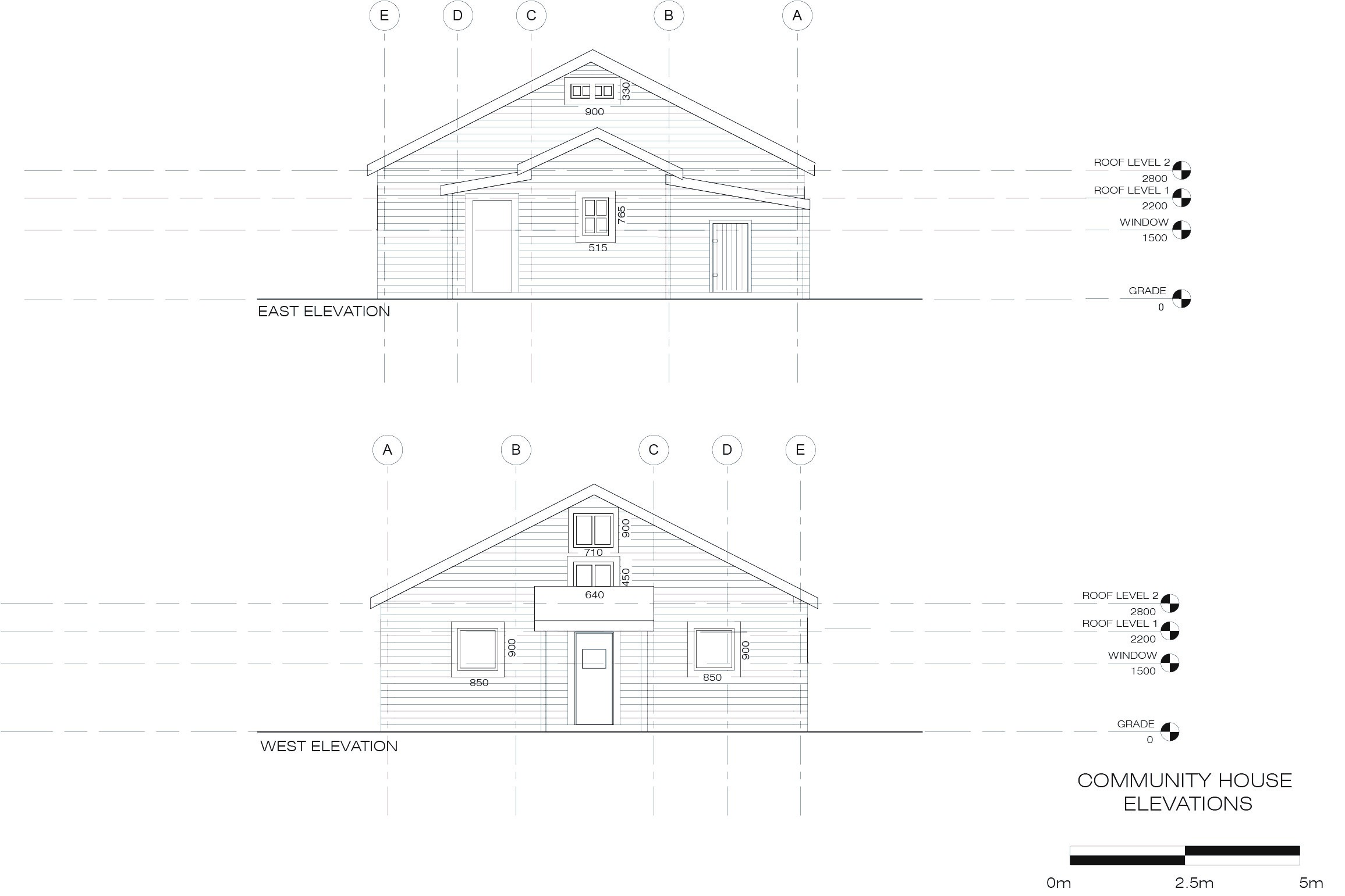 East and West elevations of the community house, created in Revit based off of the documentation done by the terrestrial laser scanning.